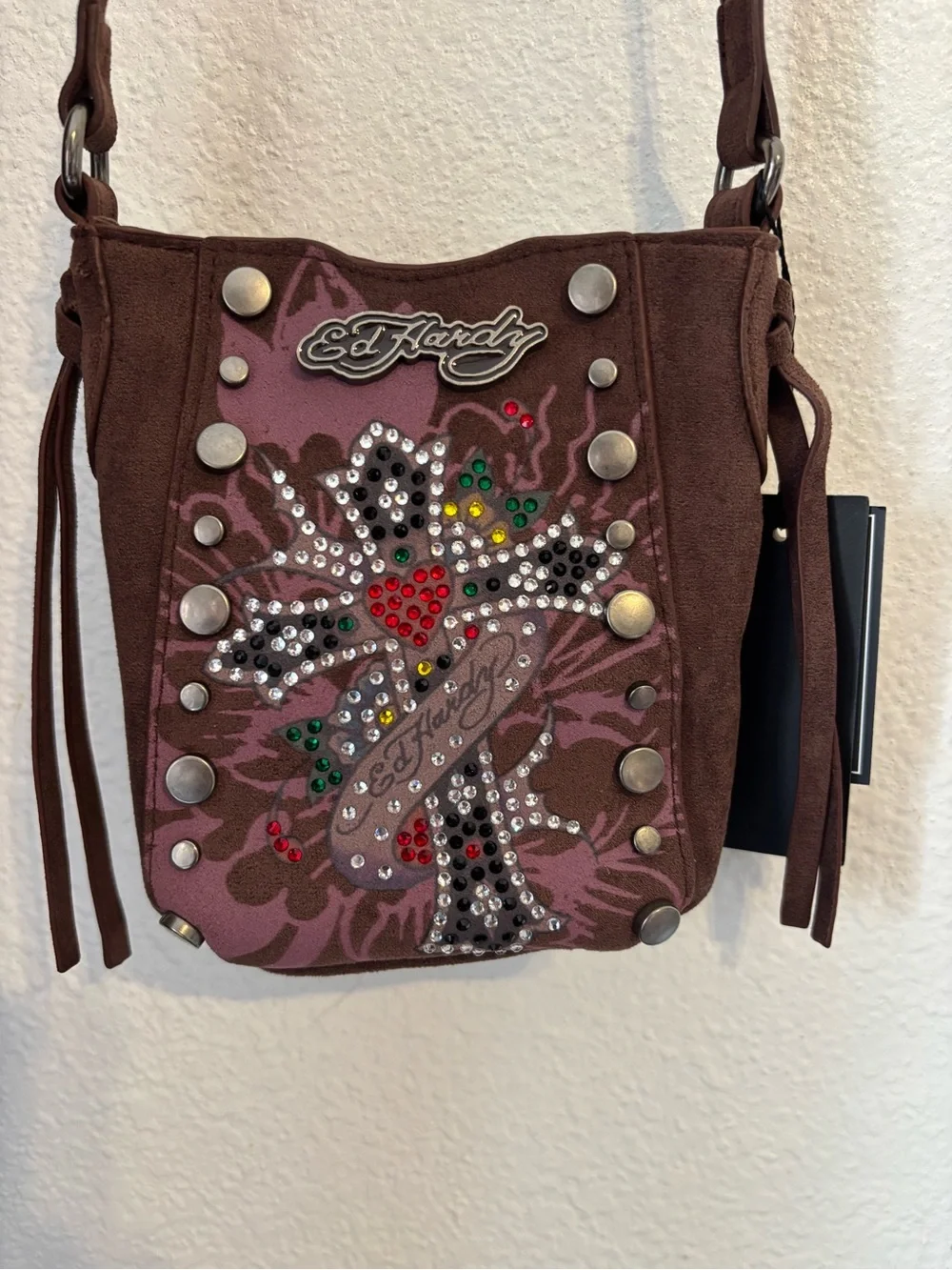 Ed Hardy Brown Suede Crossbody with Rhinestone Cross